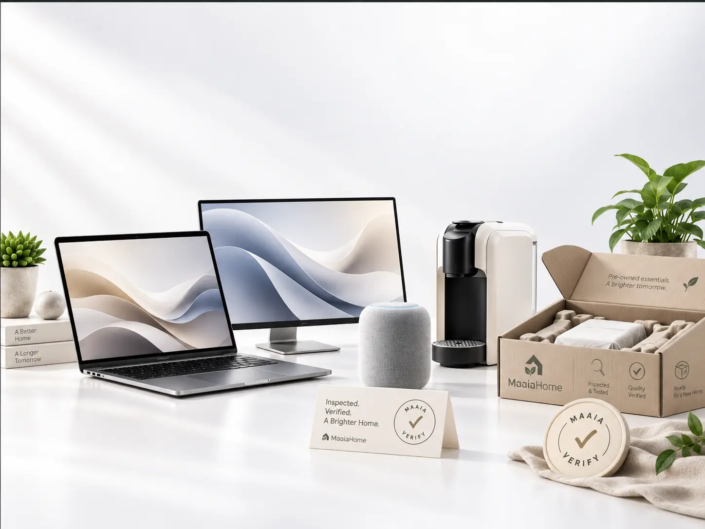 Maaia Verified pre-owned and open-box electronics and home products including laptop, monitor, smart speaker and coffee machine